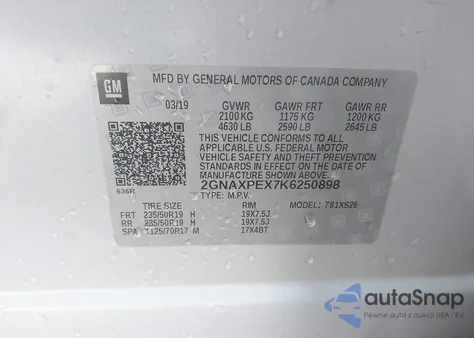 2019 Chevrolet Equinox Premier z USA, uszkodzony, nr VIN 2GNAXPEX7K6250898